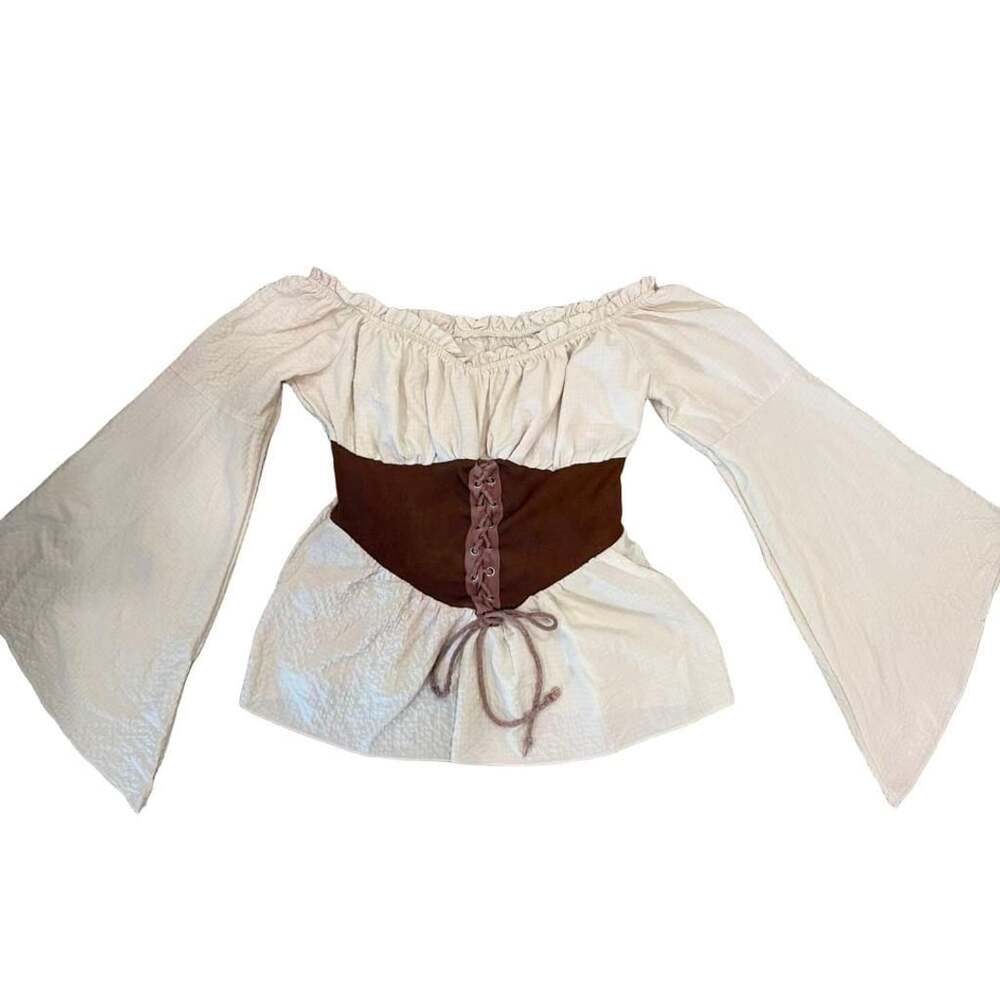 Boho Peasant Blouse Corset Lace Up Waist Bell Sleeve RenFaire Gypsy Fairy Top M